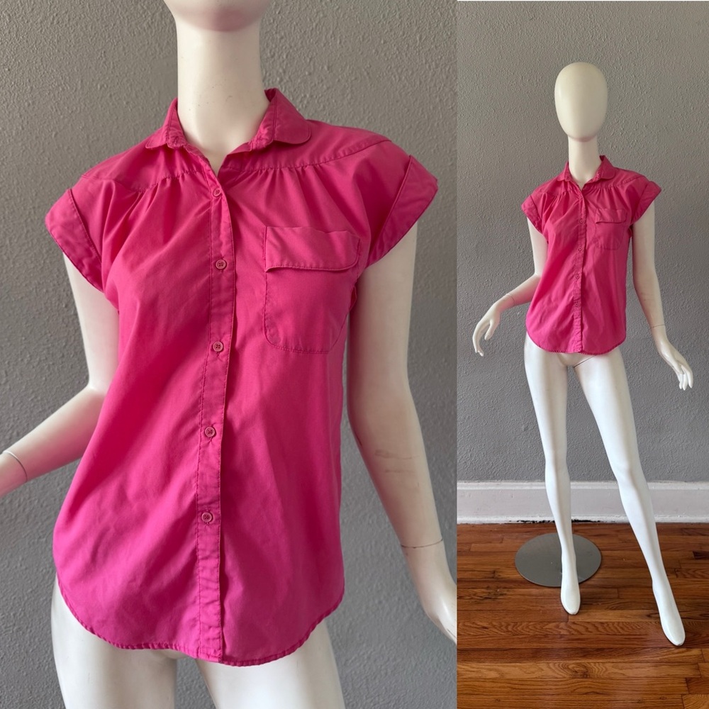 Vintage 80s Pink Button Cotton Top Blouse XS/S